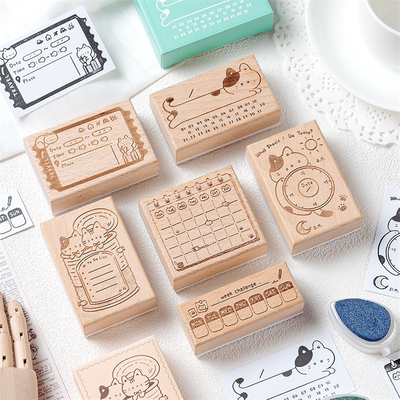 Rubber Date Stamp - Niedlicher Katzen-Holzstempel, Monatskalender-Etikettenrahmen, Planer-Stempel, DIY Scrapbooking,