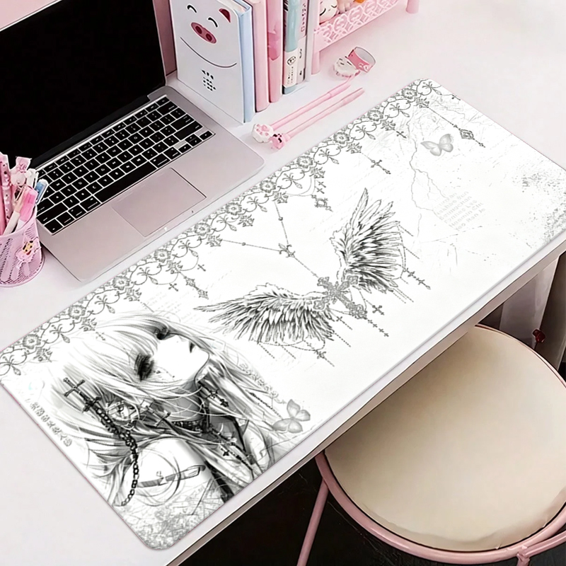 Leather Desk Pad - Leder-Mauspad Schwarz Weiß Anime Ästhetik Engel-Mädchen